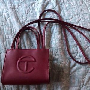 oxblood mini telfar shopping bag